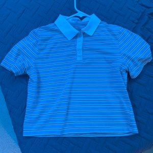 cropped blue maroon and white stripped polo